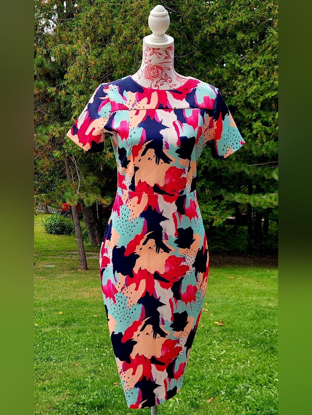 Alexia Admor Colorblocked Abstract Midi Dress - Navy, Pink, Teal & Peach